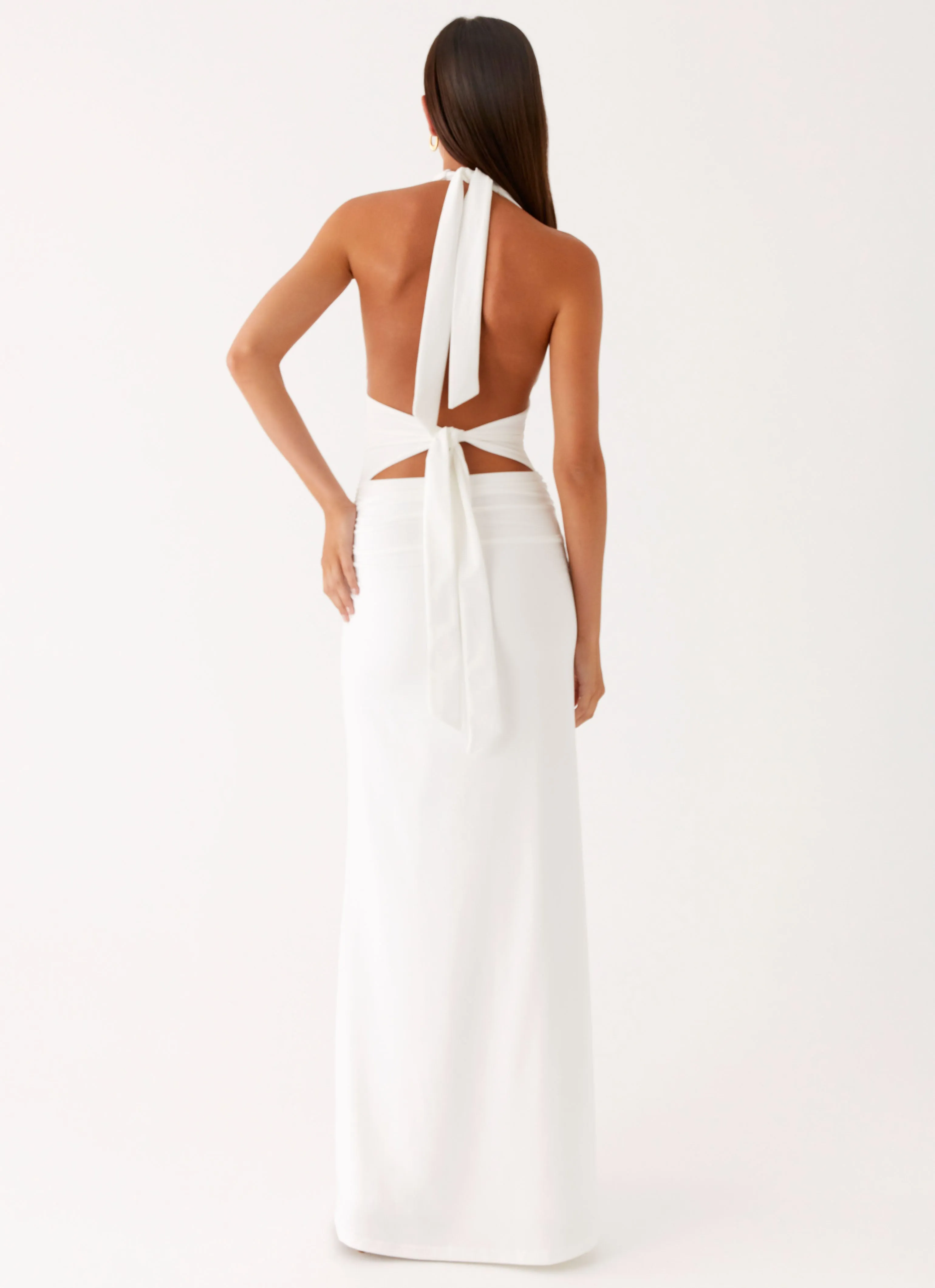 Balanced Tone Chilly Day Layers Ilaria Halter Maxi Dress - White