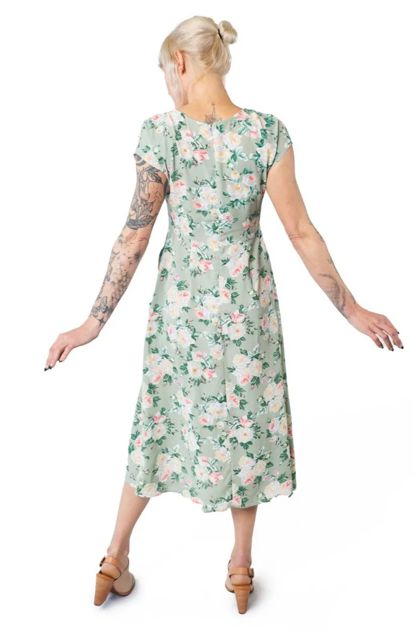 Calm Silhouette Vibrant Aesthetic Tatiana Dress in Sage Floral