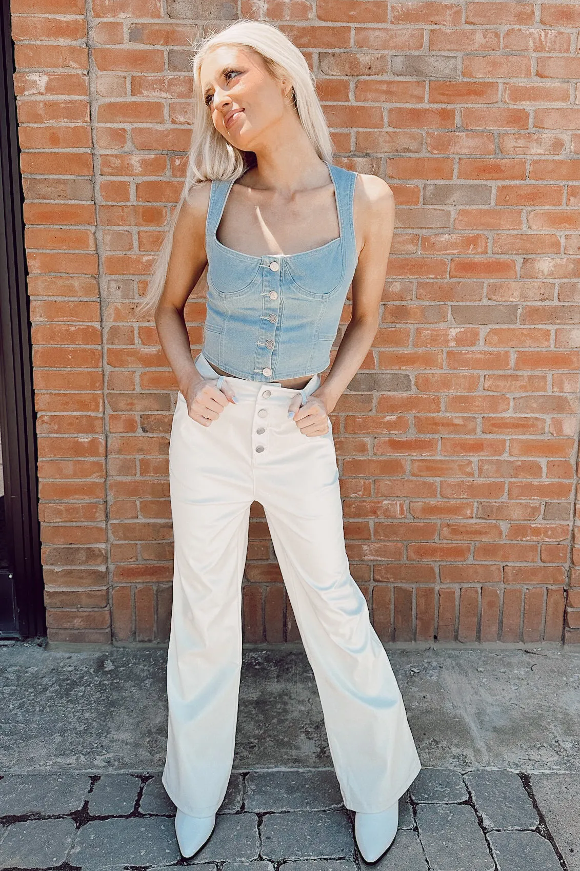 Faux Leather Pants - White Casual Wear Stylish Waistband