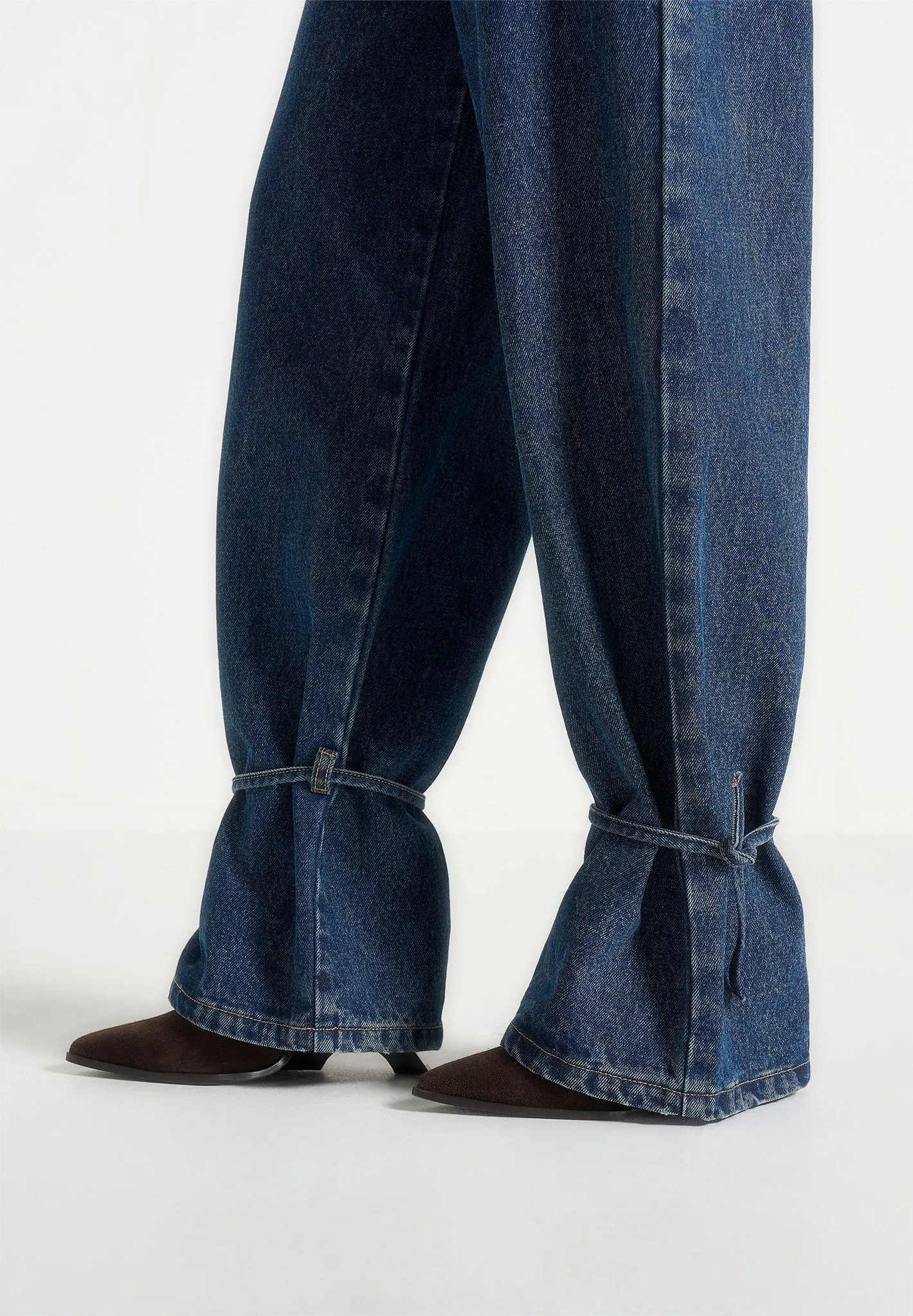 Faye - Wide Mid Rise Jeans With Tie Waist - Indigo Layer Friendly Piece