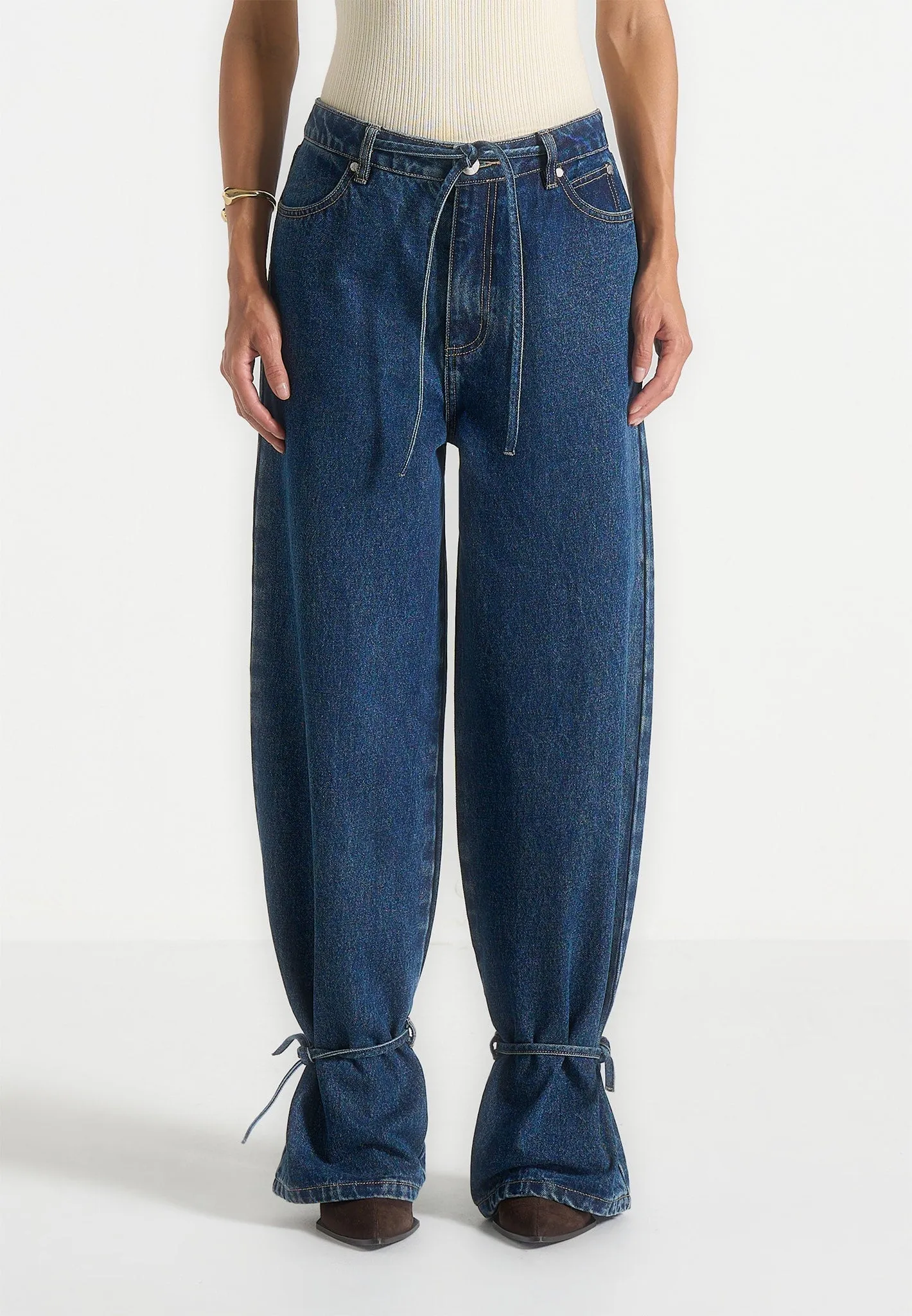 Faye - Wide Mid Rise Jeans With Tie Waist - Indigo Spring Mood Affordable