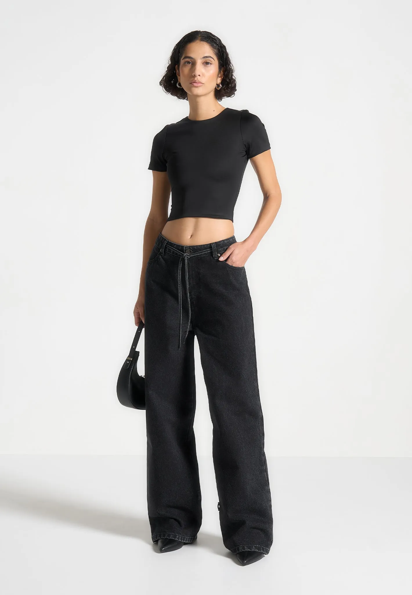 Holiday Vibes Work Ready Faye - Wide Mid Rise Jeans with Tie Waist - Washed Black