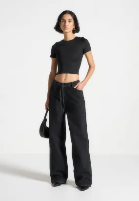 Holiday Vibes Work Ready Faye - Wide Mid Rise Jeans with Tie Waist - Washed Black