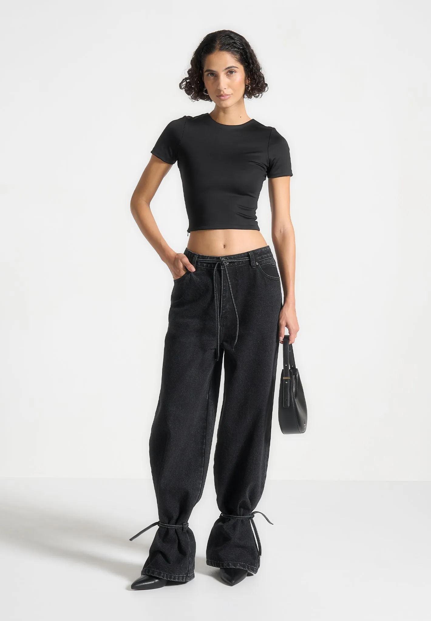 Faye - Wide Mid Rise Jeans with Tie Waist - Washed Black Flexible Waistband