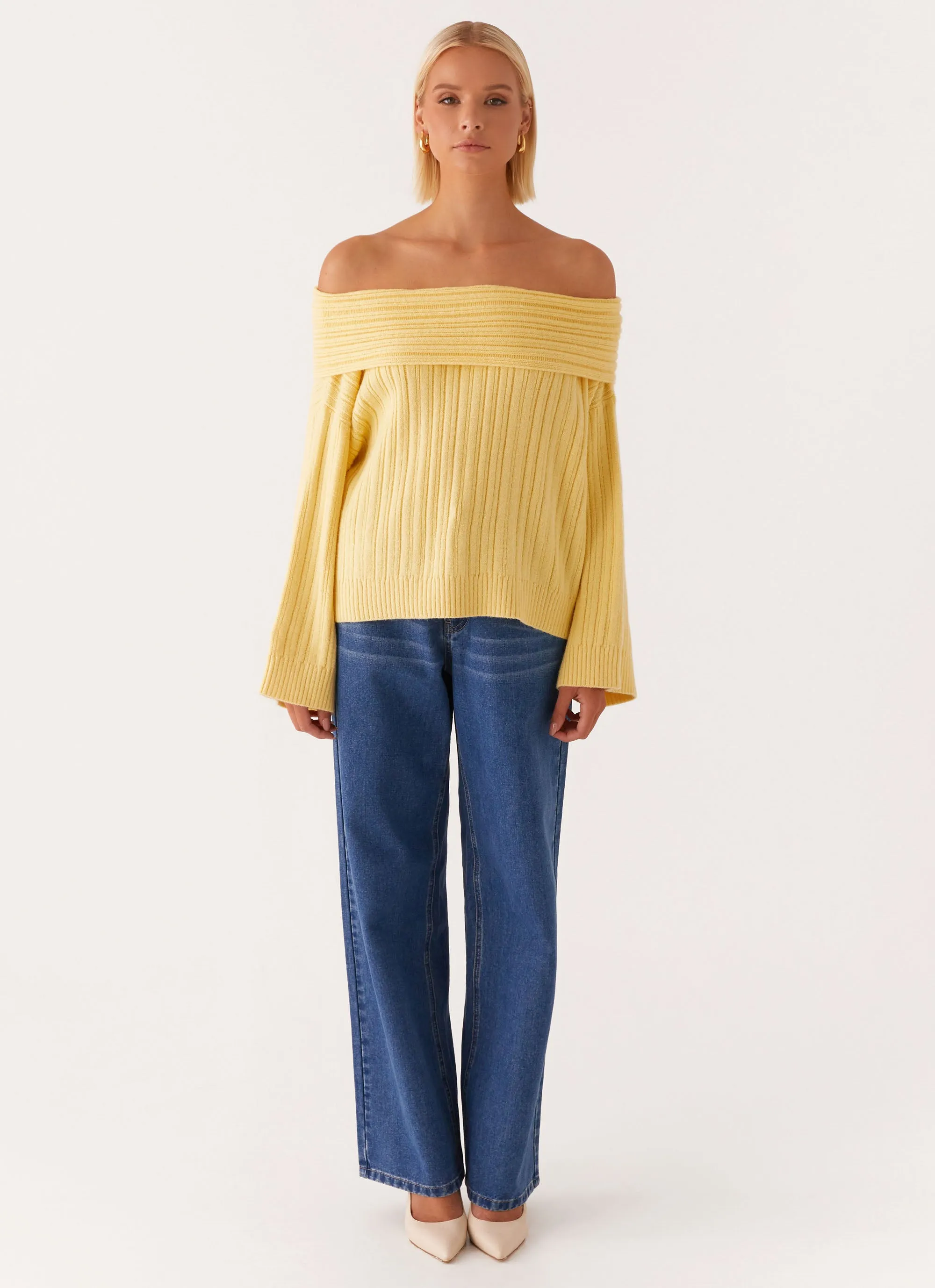 Collapsible Packable Design Solid Color Federica Off Shoulder Knit - Lemon