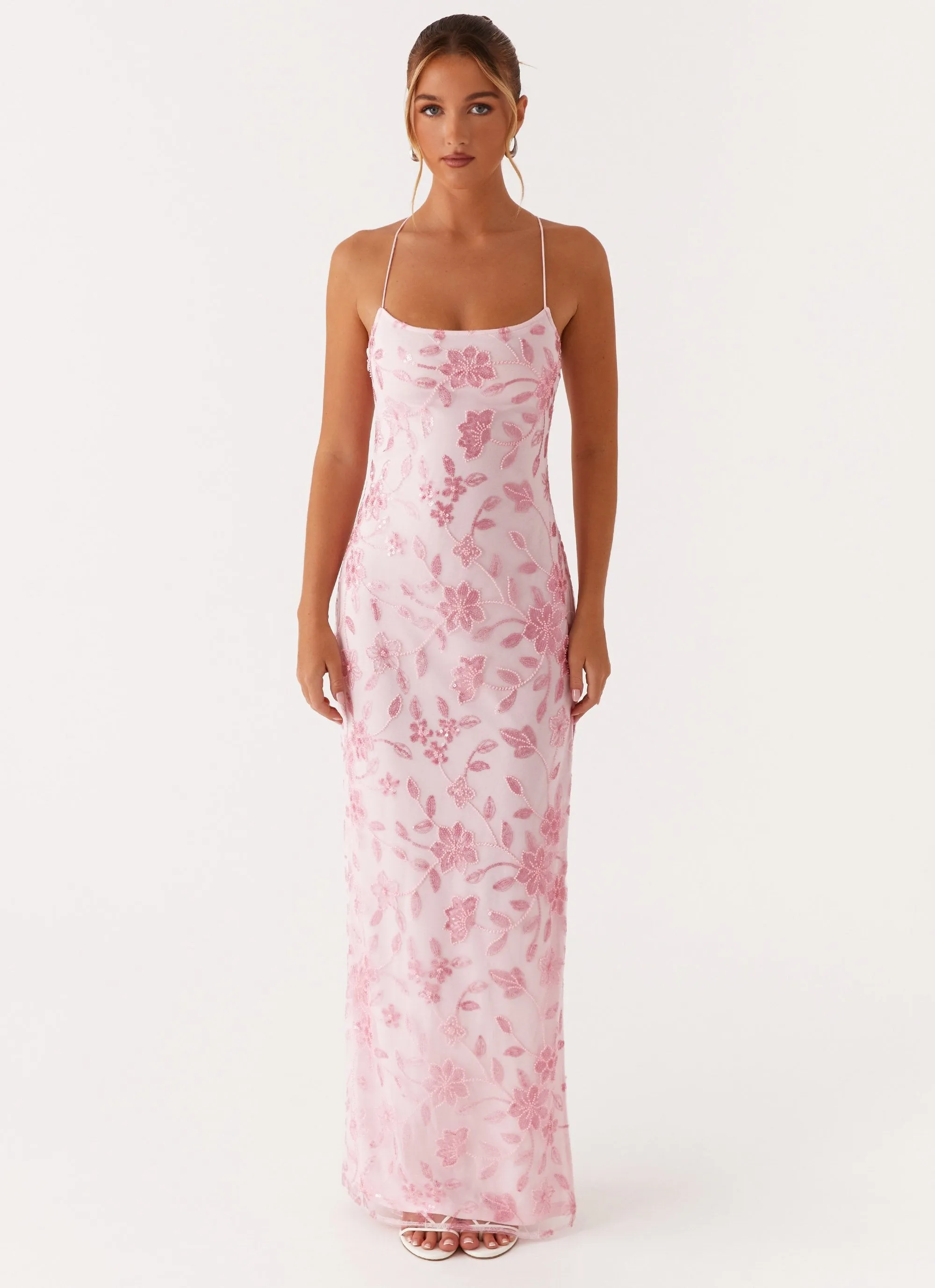 Bright Lights Beaded Maxi Dress - Pink Smooth-Finish Short Sleeve