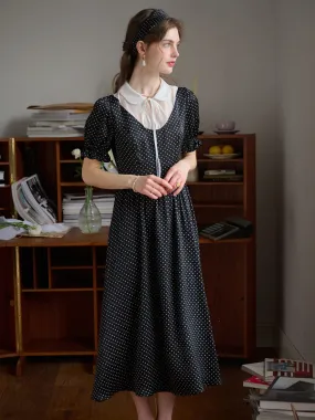 Silk Flow Dahlia Doll Neck Puff Sleeve Polka Dot Dress