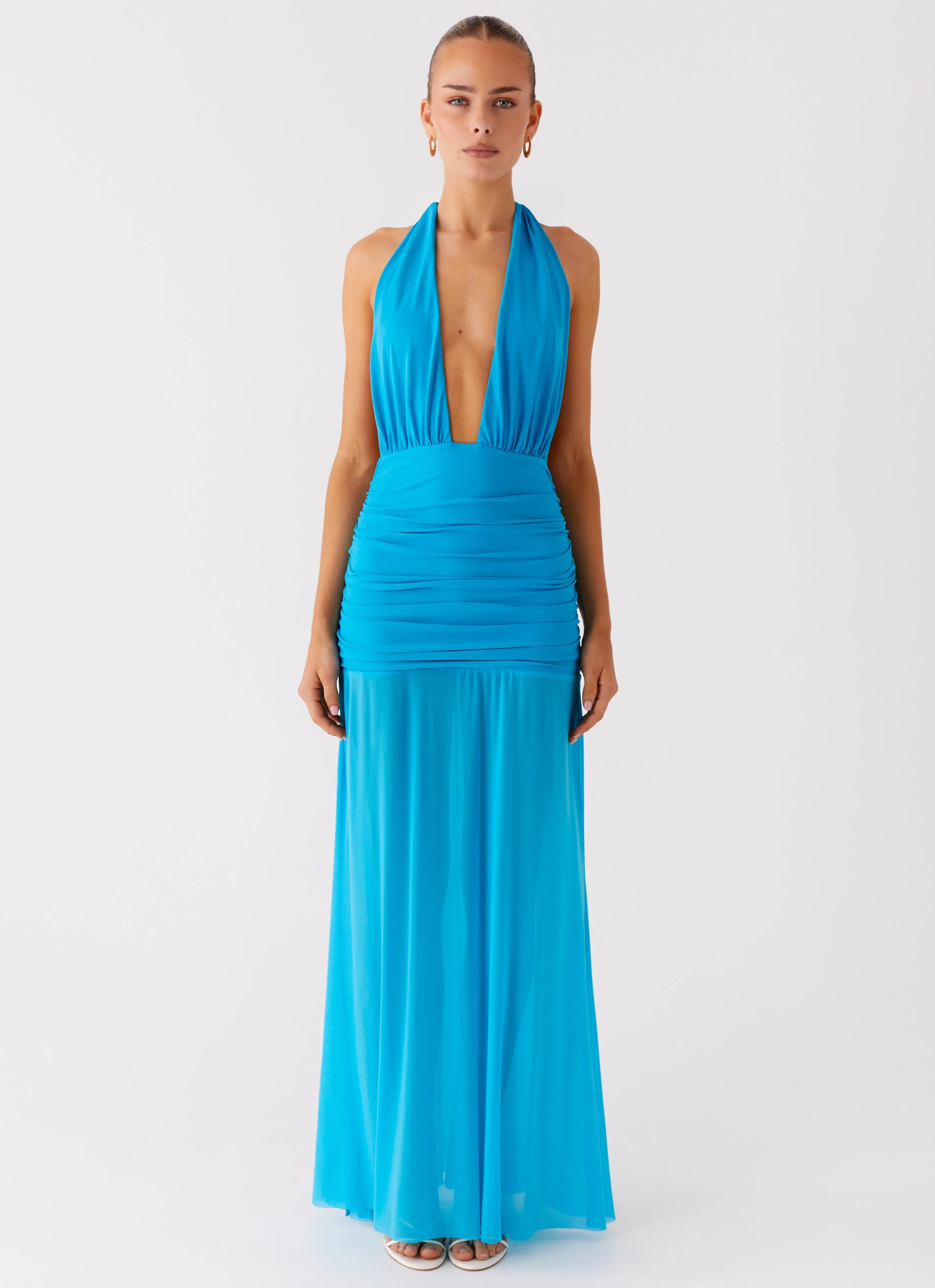Sleek Fit Dilemma Halter Maxi Dress - Turquoise Blue