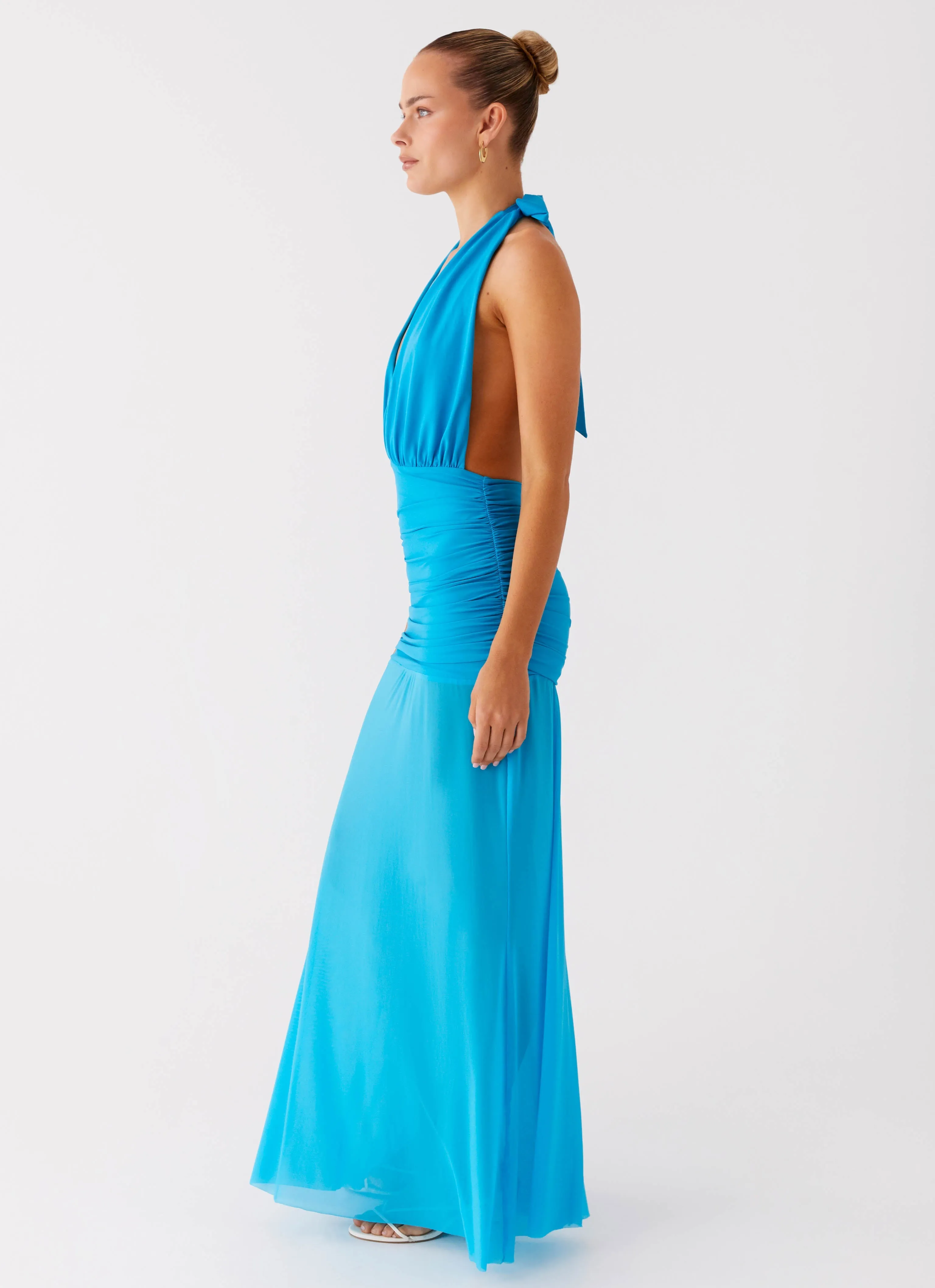 Dilemma Halter Maxi Dress - Turquoise Blue Day Outfit