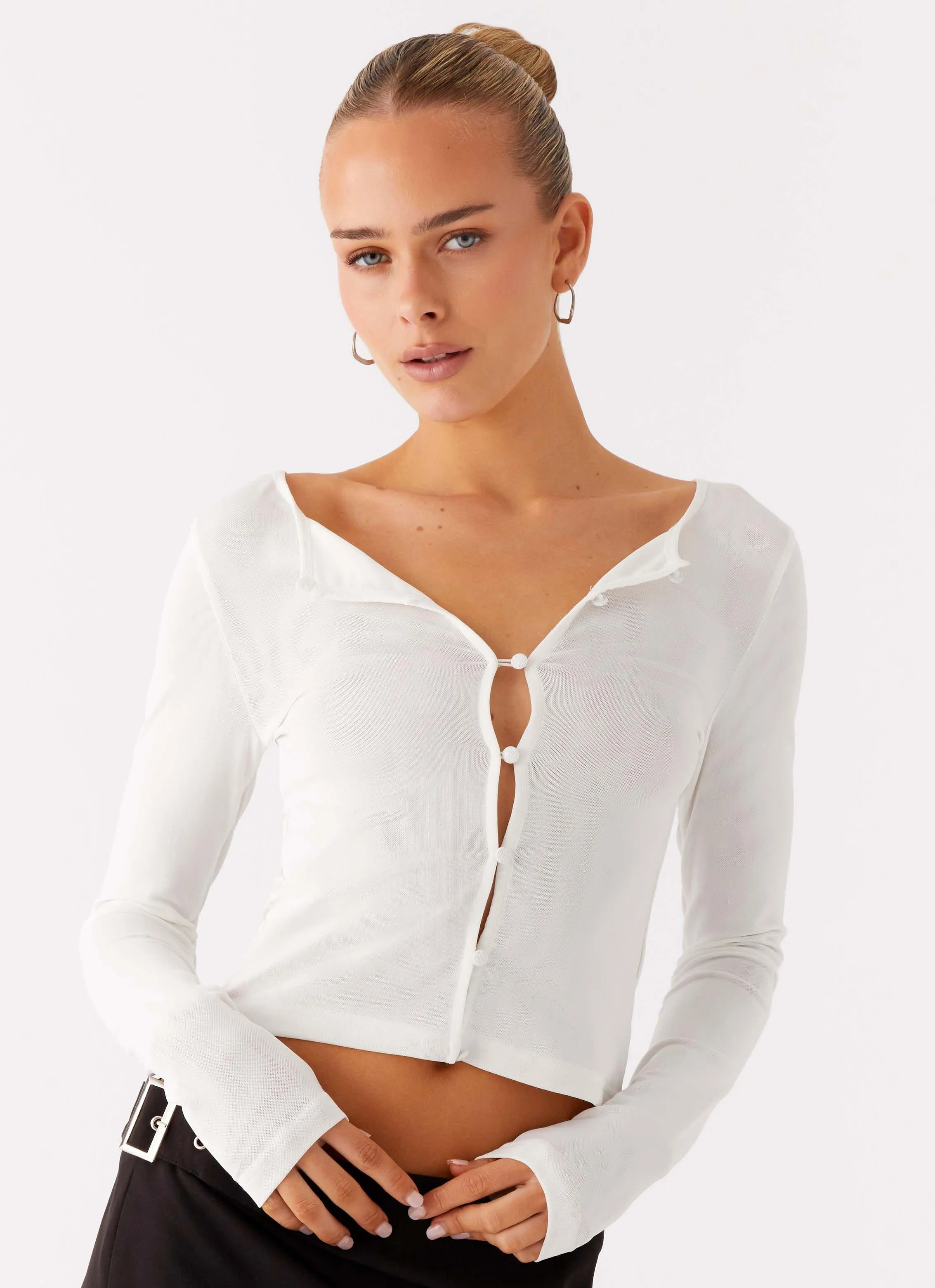 EasyCare Fabric Tear Resistant Fifth Ave Mesh Long Sleeve Top - Off White