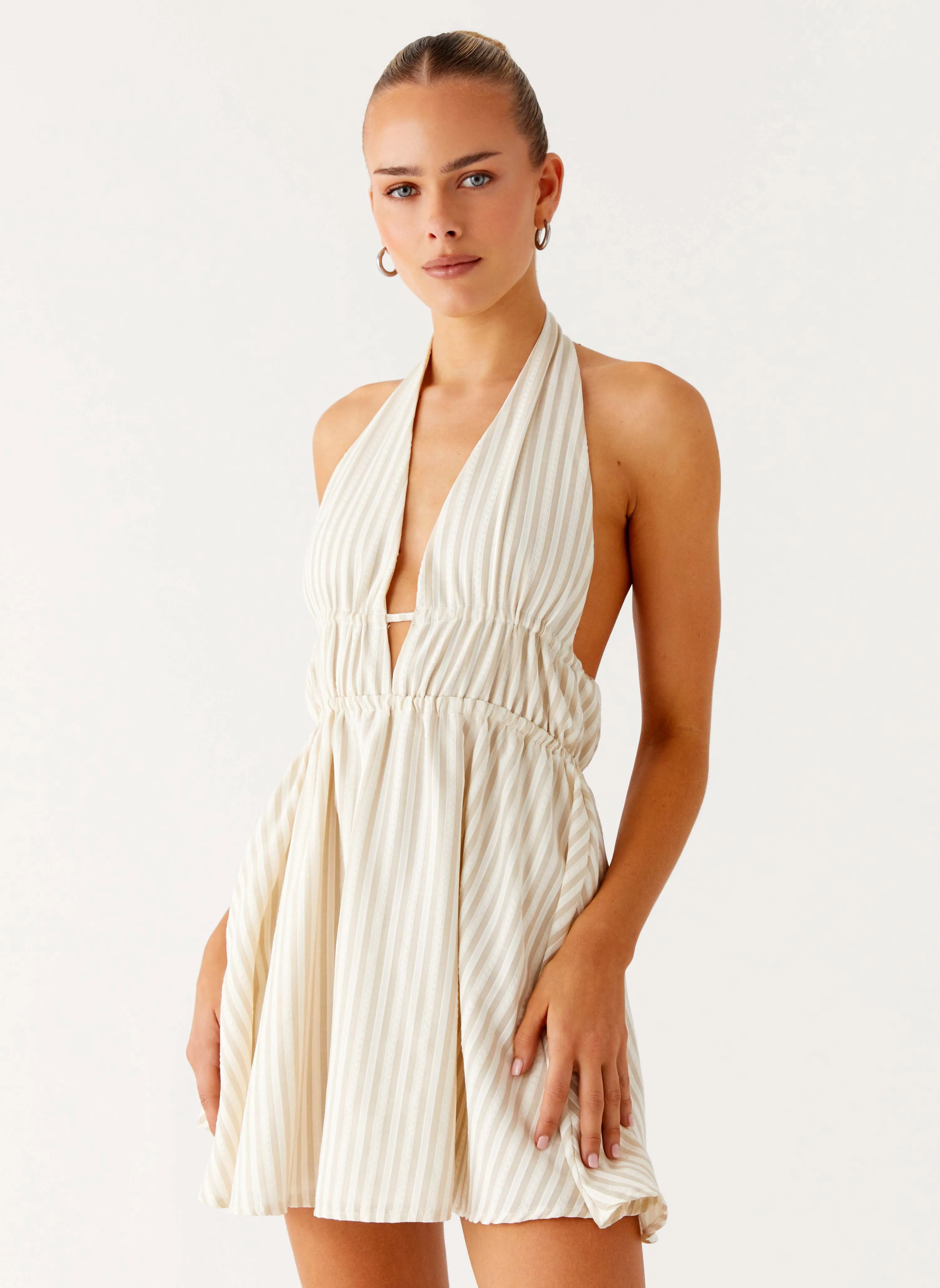 Smile Feel Figaro Halter Mini Dress - Taupe Stripe