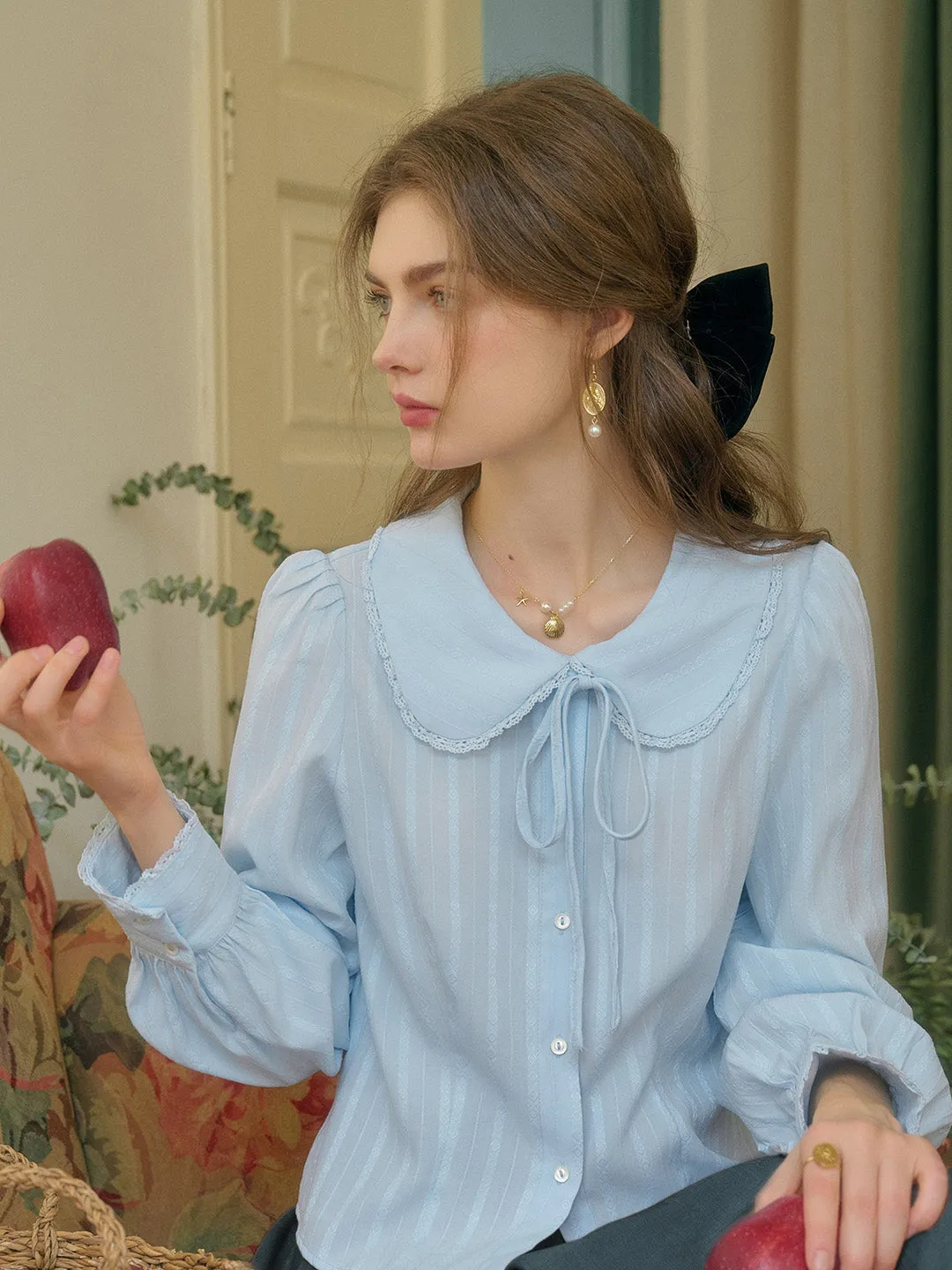 ??Final Sale??Addilyn Romantic Doll Collar Lace Stitching Tie Eedwardian Style Blouse - Blue Reinforced Hem Stitching AntiStaticFinish