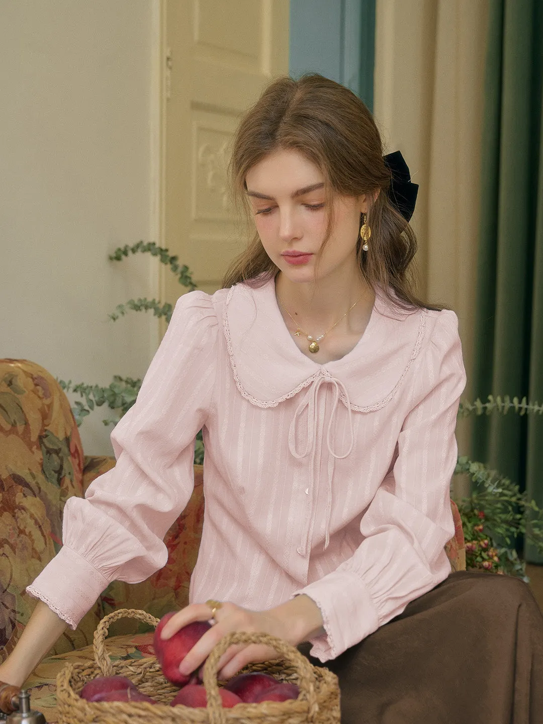 ??Final Sale??Addilyn Romantic Doll Collar Lace Stitching Tie Eedwardian Style Blouse - Blue Active Design