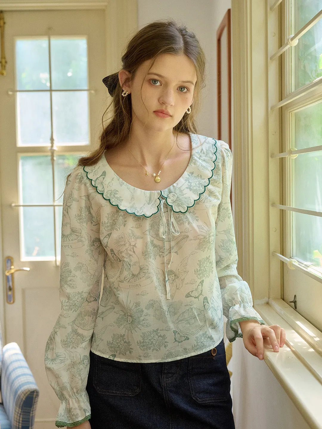 OdorResistantTreatment Comfortable Design ??Final Sale??Aila Contrast Lace-up Lapel Puff Sleeve Lace Floral Print Blouse