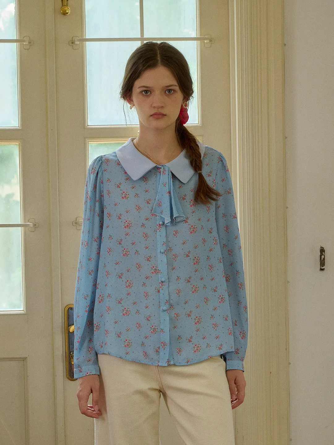 ??Final Sale??Alexis Long Sleeve Patchwork Peter Pan Collar Embroidery Casual Blouse - Blue Garment Dyed Finish Hidden Zipper Closure