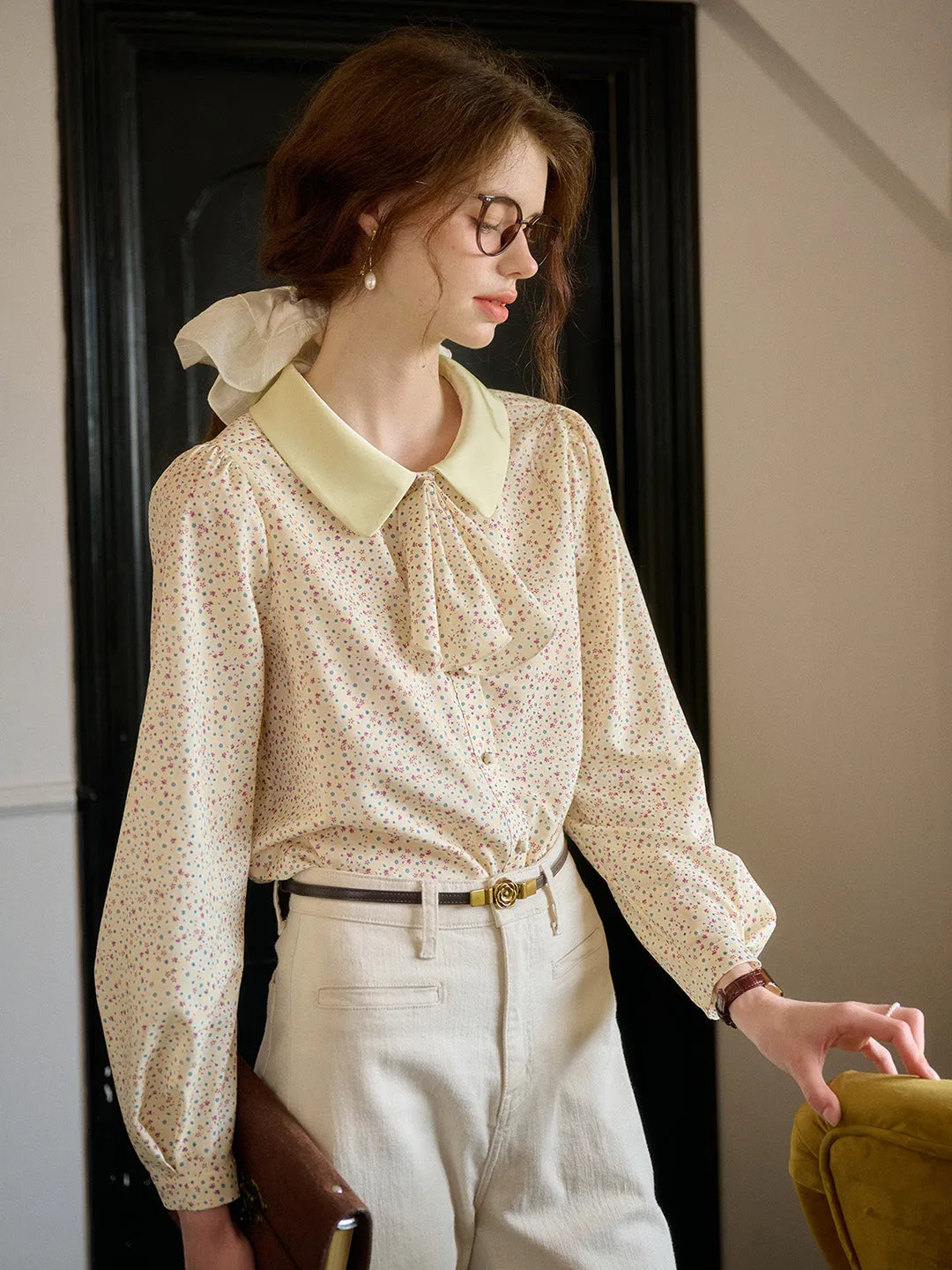 AllDaySoftness BondedSeamTechnology ??Final Sale??Alexis Long Sleeve Patchwork Peter Pan Collar Embroidery Casual Blouse
