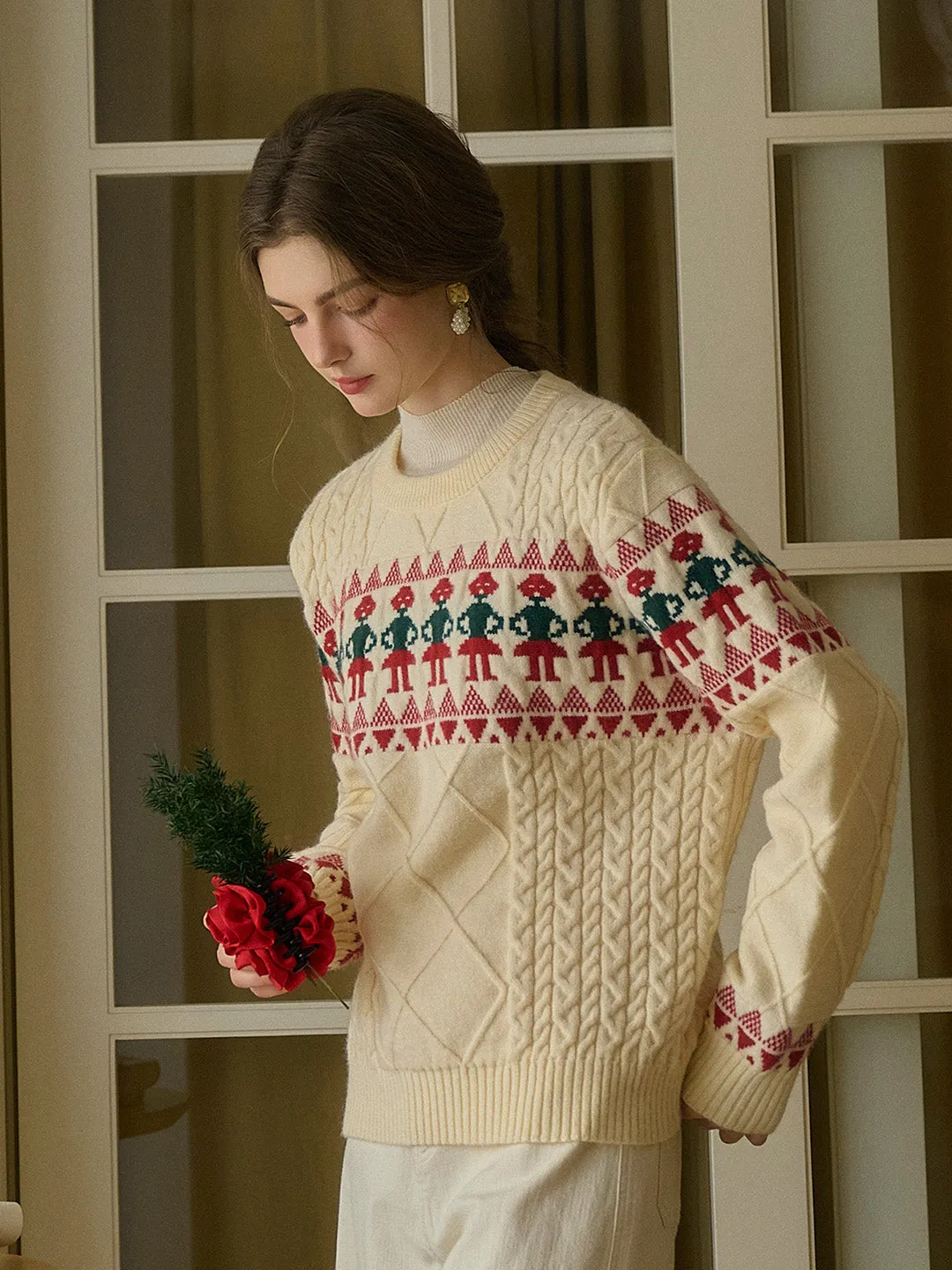 ??Final Sale??Alianna Fair Isle Ribbed Round Neck Christmas Pattern Knit Sweater QuickRelease Closure