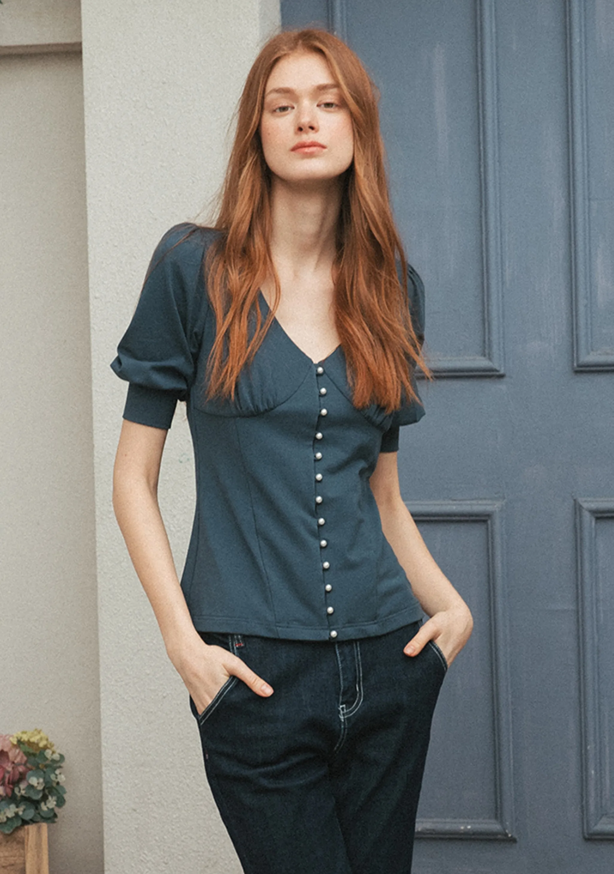 NonIrritating Grid Back Panel ??Final Sale??Alice V-Neck Cottons Blouse