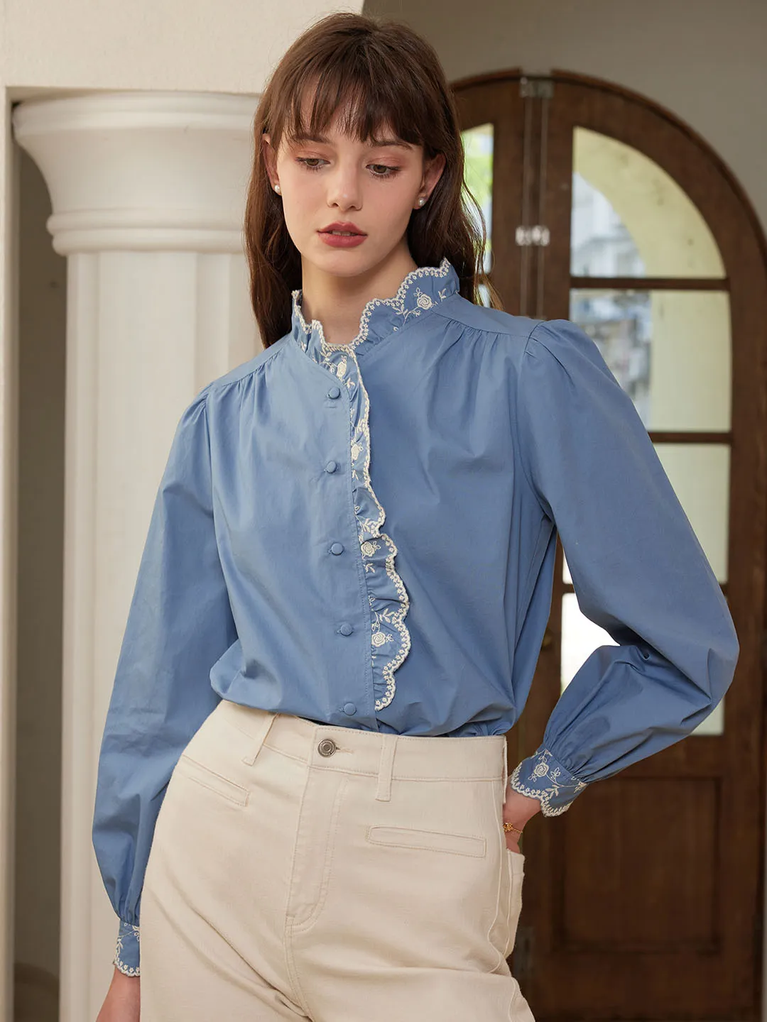 ??Final Sale??Alina Floral Embroidered Blouse Yarn Dyed Stripes Stain Resistant Treatment