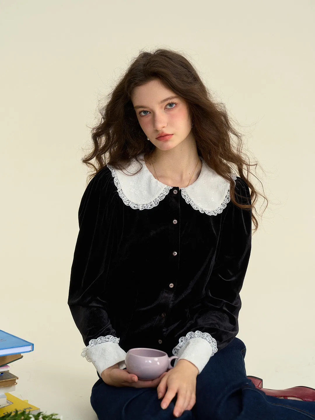 LowMaintenance RecycledPolyester ??Final Sale??Allyson Peter Pan Collar Lace Lace Embroidery Shirt