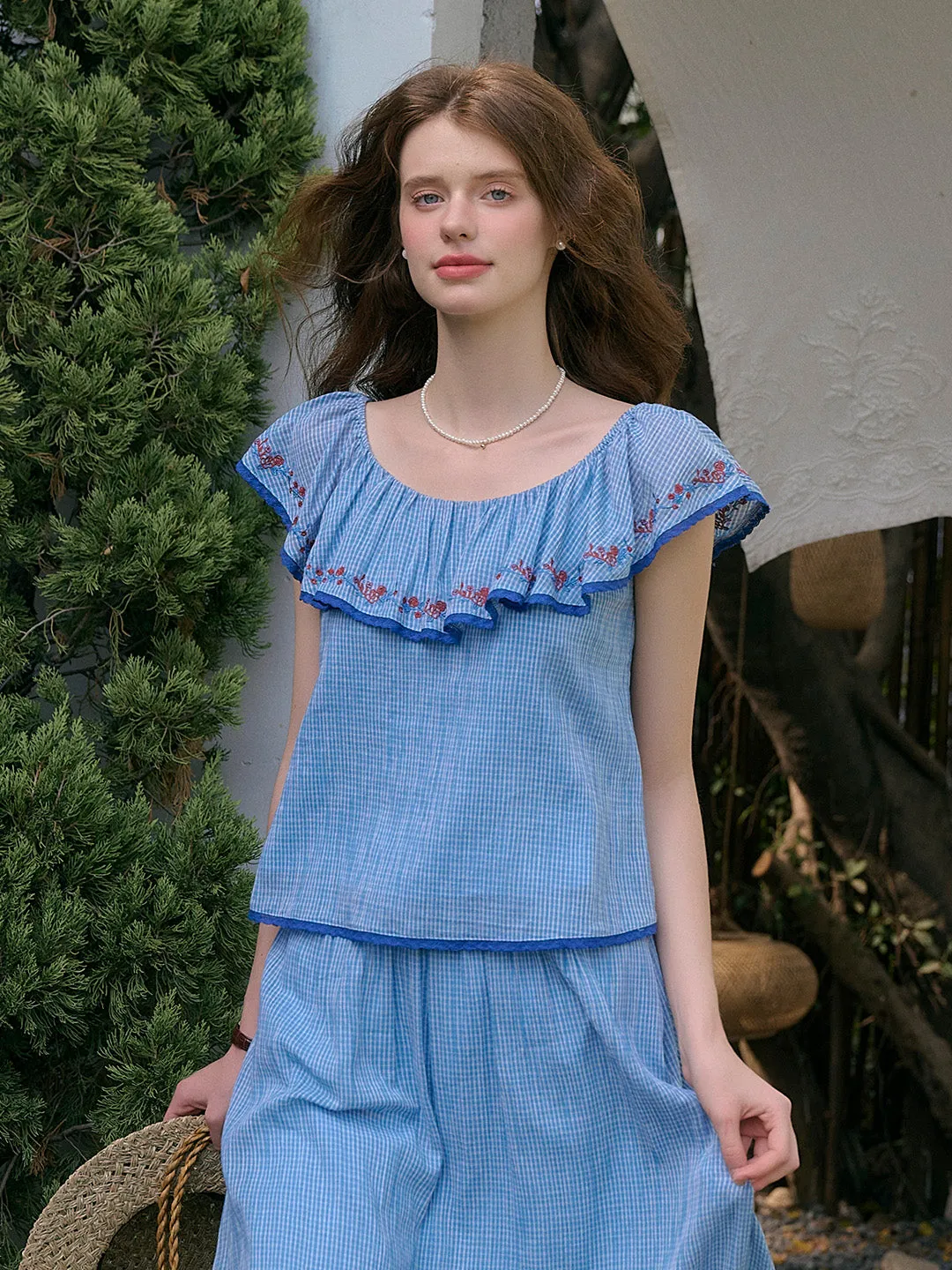 Durable Stitch Pattern ??Final Sale??Amelia Ruffle Neck Floral Embroidery Top