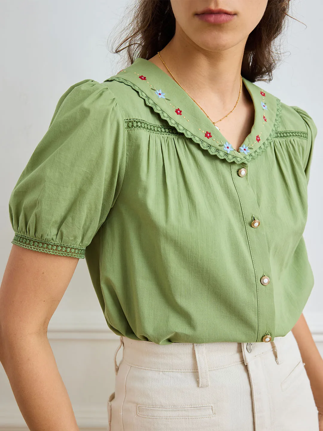 ??Final Sale??Angelique Embroidered Lapel Puff Sleeve Cotton Shirt Professional Cut Moisture Management