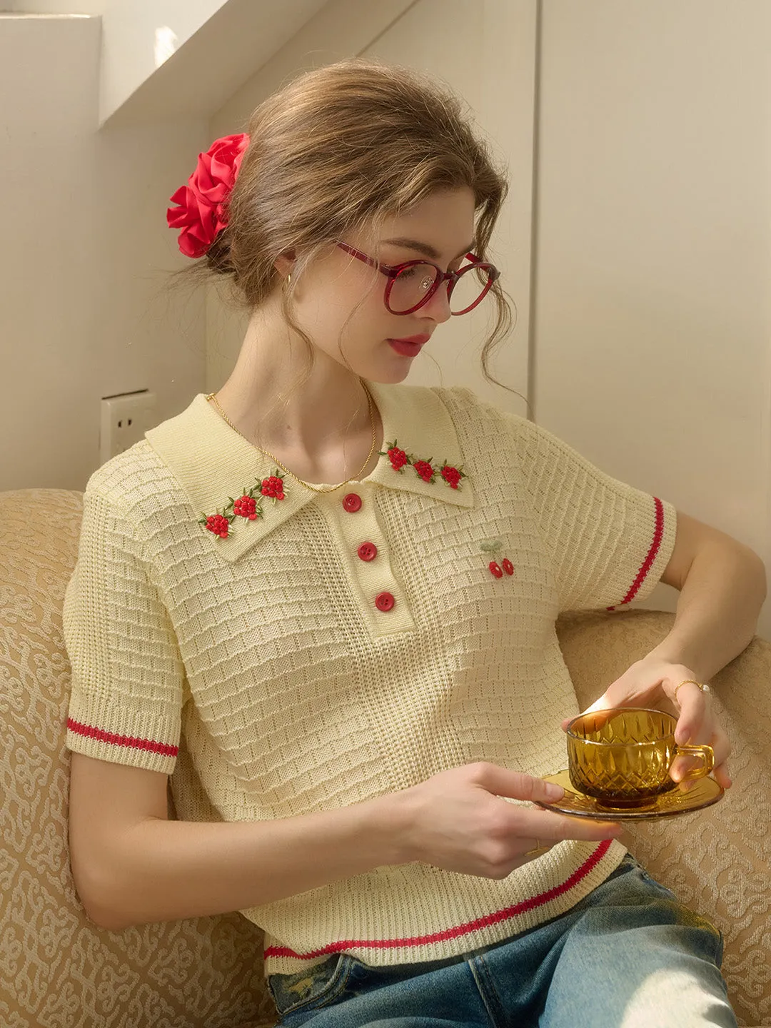 ??Final Sale??Ariana Round Neck Embroidery Top High Neckline Butter Soft Handfeel