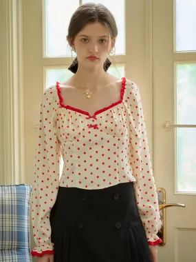 MeshPanelIntegration ??Final Sale??Ashlynn Square Collar Contrasting Polka Dots Bow Blouse