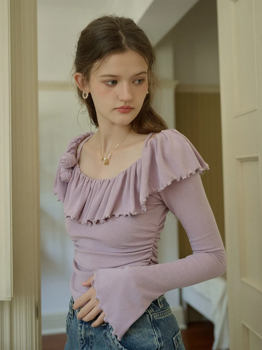 ??Final Sale??Azalea Round Neck 3D Rose Top Drop Shoulder Silhouette