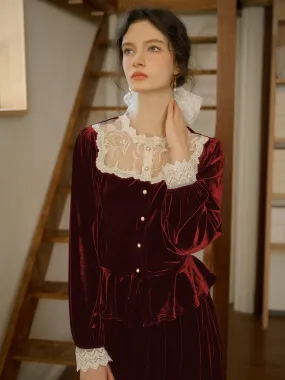 Brushed Microfiber Surface Reinforced Shoulders ??Final Sale??Cynthia Elegant French Style Contrasting Lace Lapel Cuffs Lace Splicing Velvet Blouse - Red