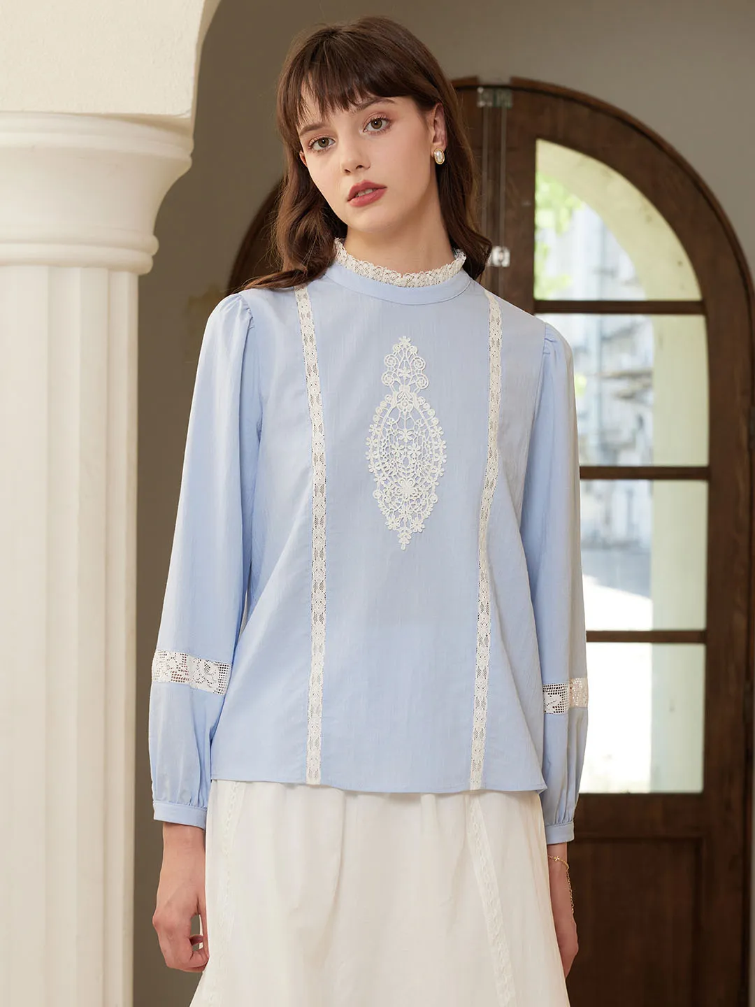 ??Final Sale??Deborah Elegant Half Turtleneck Lace Panel Blouse Flexible Waistband Adaptation