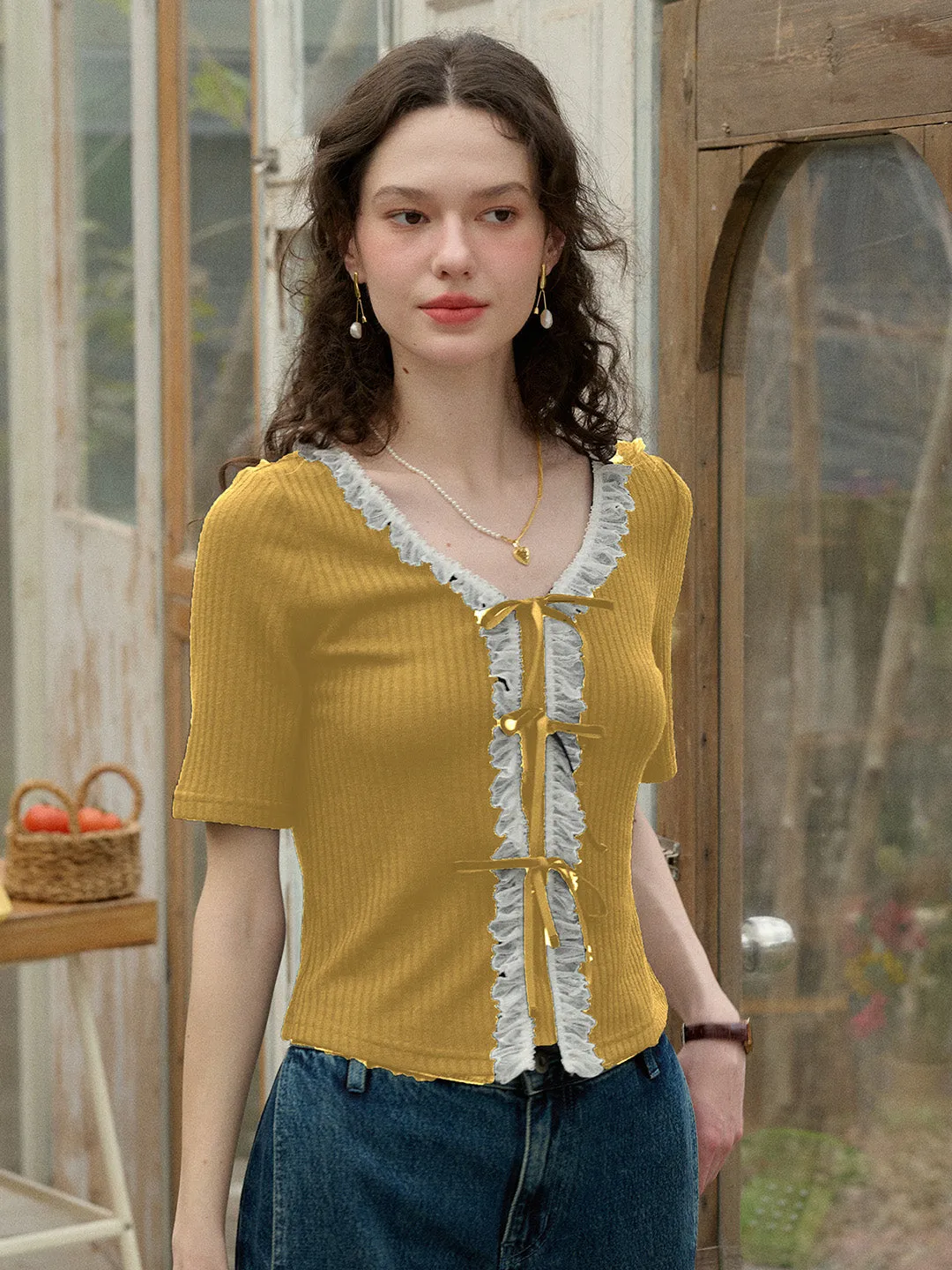 Flatlock Stitching Technique ??Final Sale??Emerie V-neck Contrast Lace Panel Bow Knitted Top - Yellow