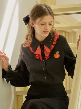 ??Final Sale??Emryn Contrast Panels Pumpkin Halloween Shirt Bound Seam Finish