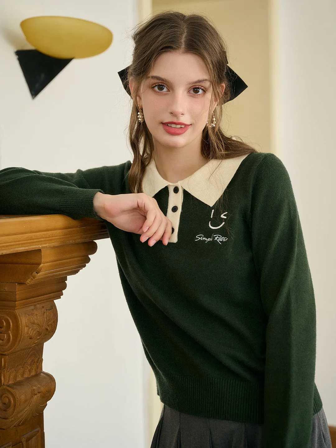 Trendy Sweater ??Final Sale??Freya Custom Collar Contrast Color Print Button-Front Blouse