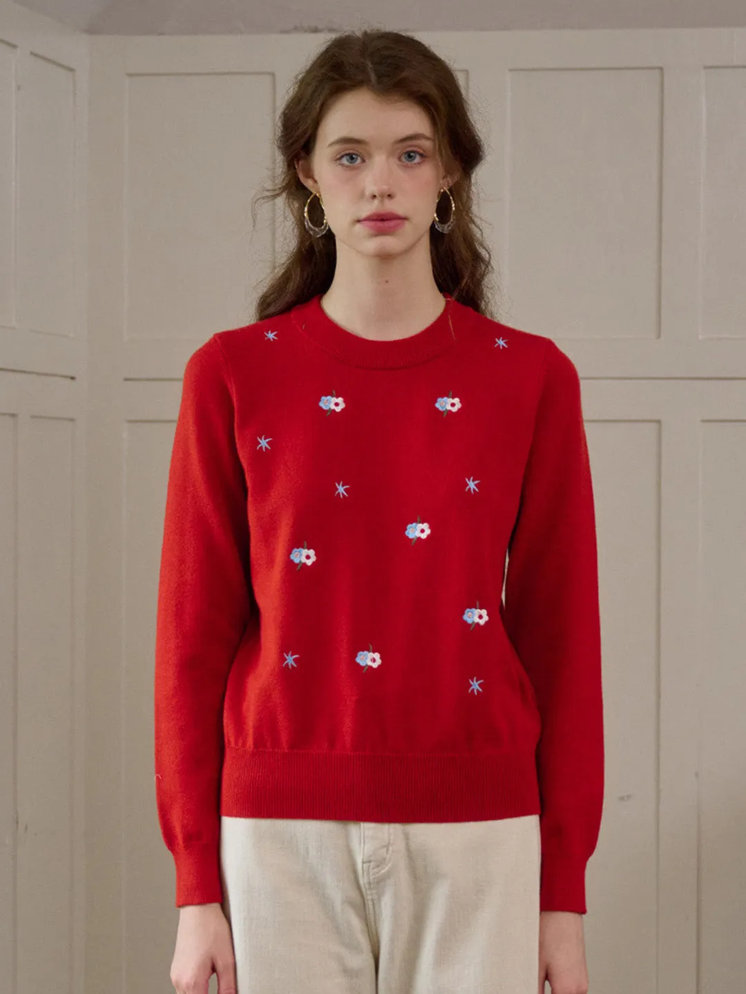 ??Final Sale??Gracie Round Neck Embroidery Sweater Wrinkle Resistant Weave Four Way Stretch Material