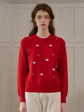 ??Final Sale??Gracie Round Neck Embroidery Sweater Wrinkle Resistant Weave Four Way Stretch Material