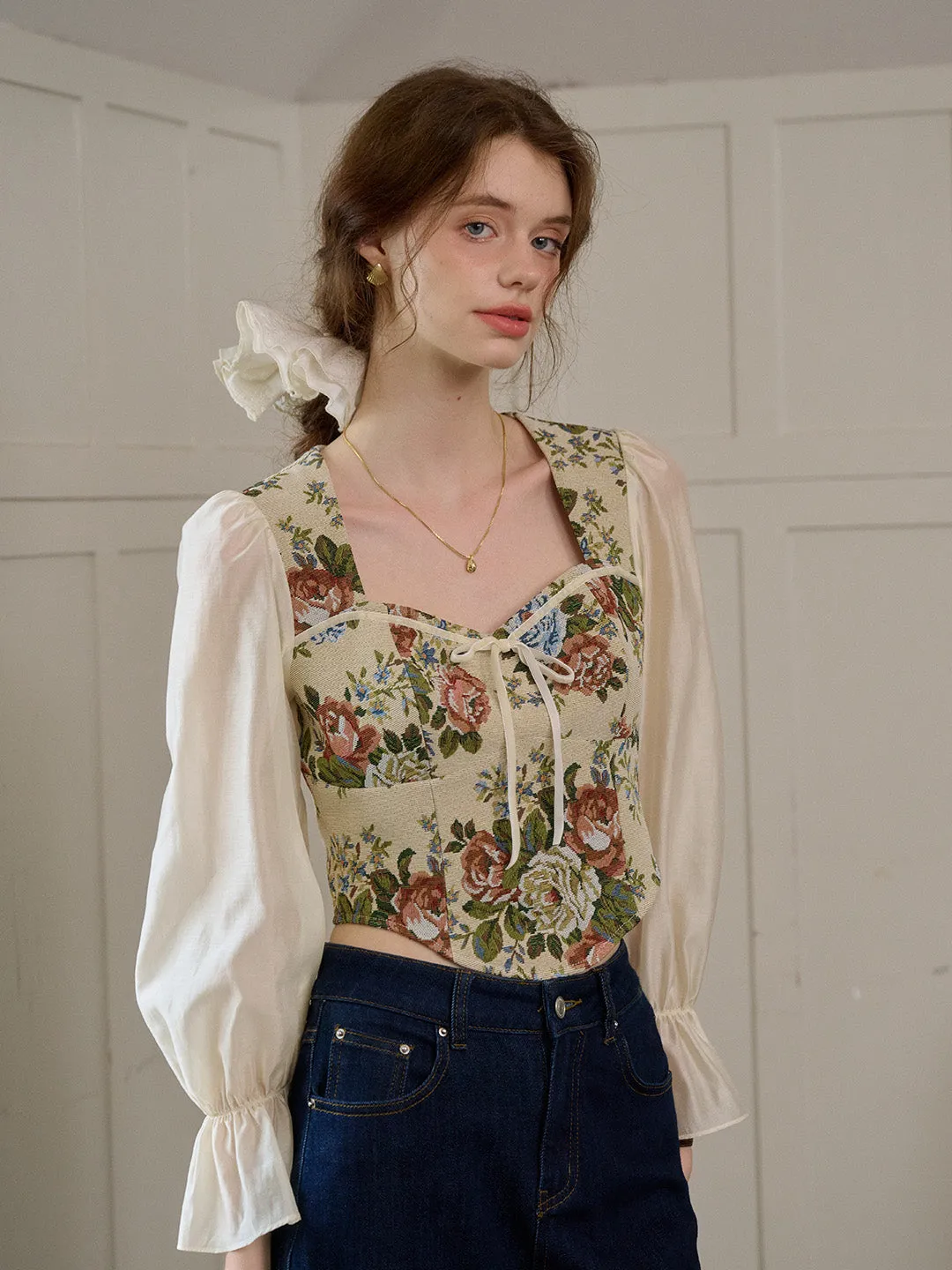 Reflective Detailing PlacketDetail ??Final Sale??Hana French Square Neck Bow Bell Sleeve Floral Patchwork Eedwardian Style Top