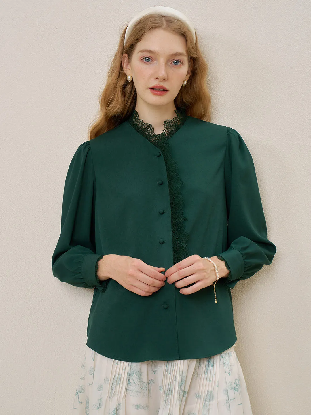 Relaxed Top ??Final Sale??Hanna Puff Sleeve Green Lace Blouse
