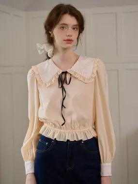 ??Final Sale??Jolie Doll Collar Contrasting Lace-up Pleated Blouse Temperature control EcoFriendlyTexture