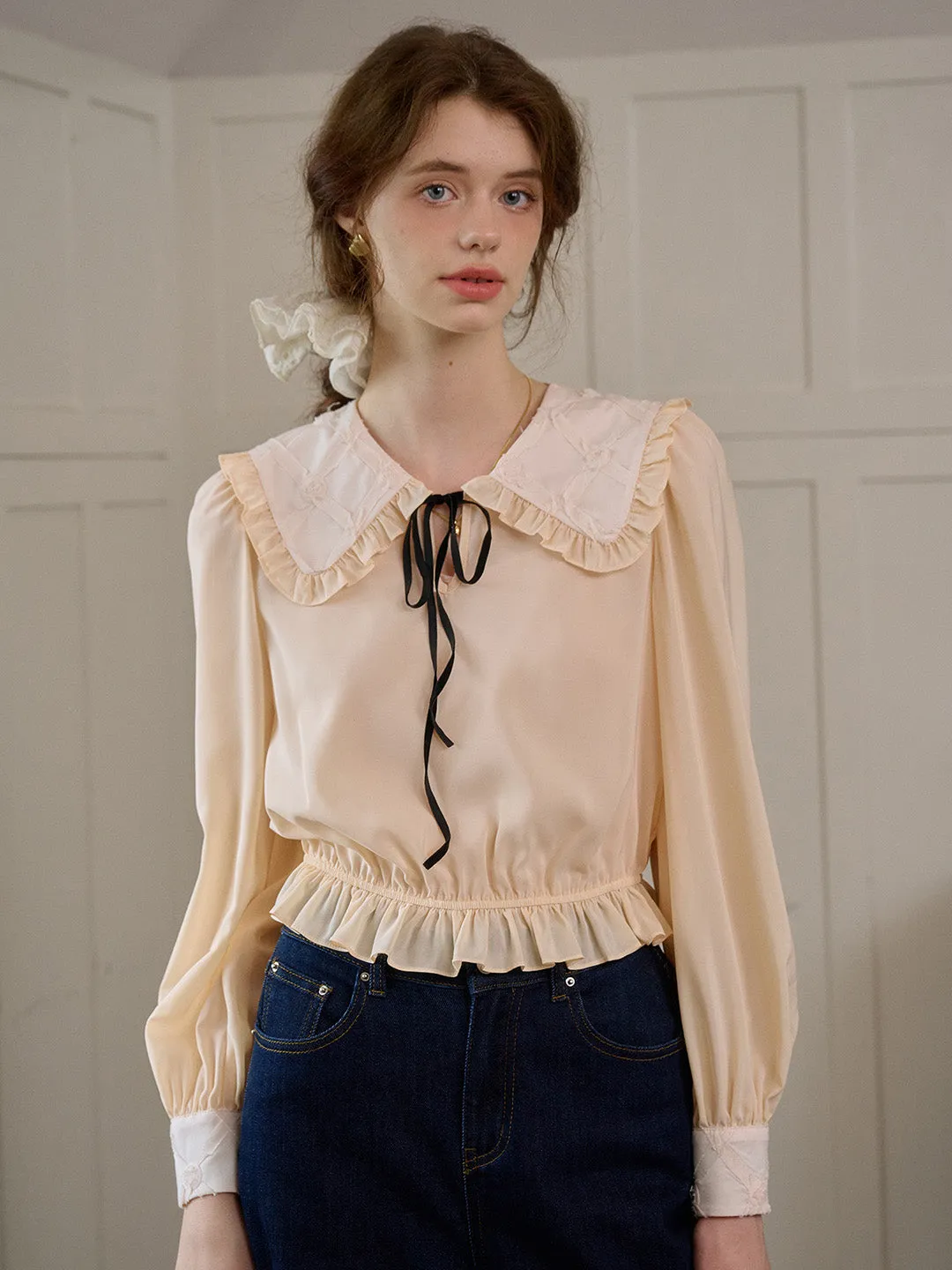 ??Final Sale??Jolie Doll Collar Contrasting Lace-up Pleated Blouse Temperature control EcoFriendlyTexture