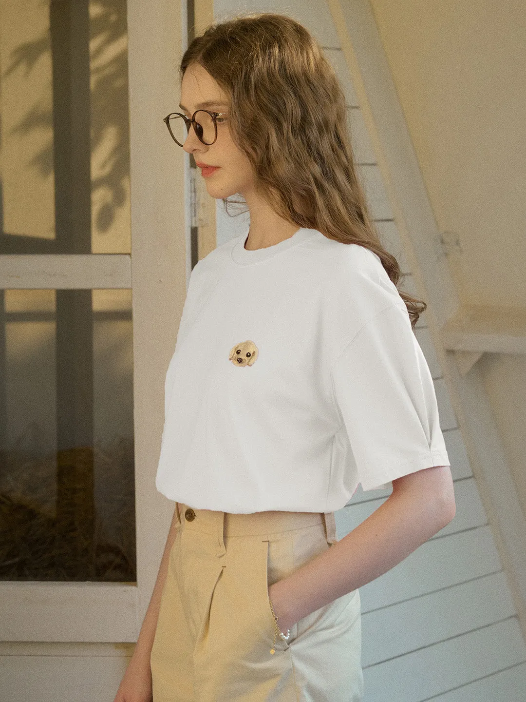 Convertible Neckline ??Final Sale??Journey Puppy Applique Round Neck Short Sleeve Casual T-Shirt - White