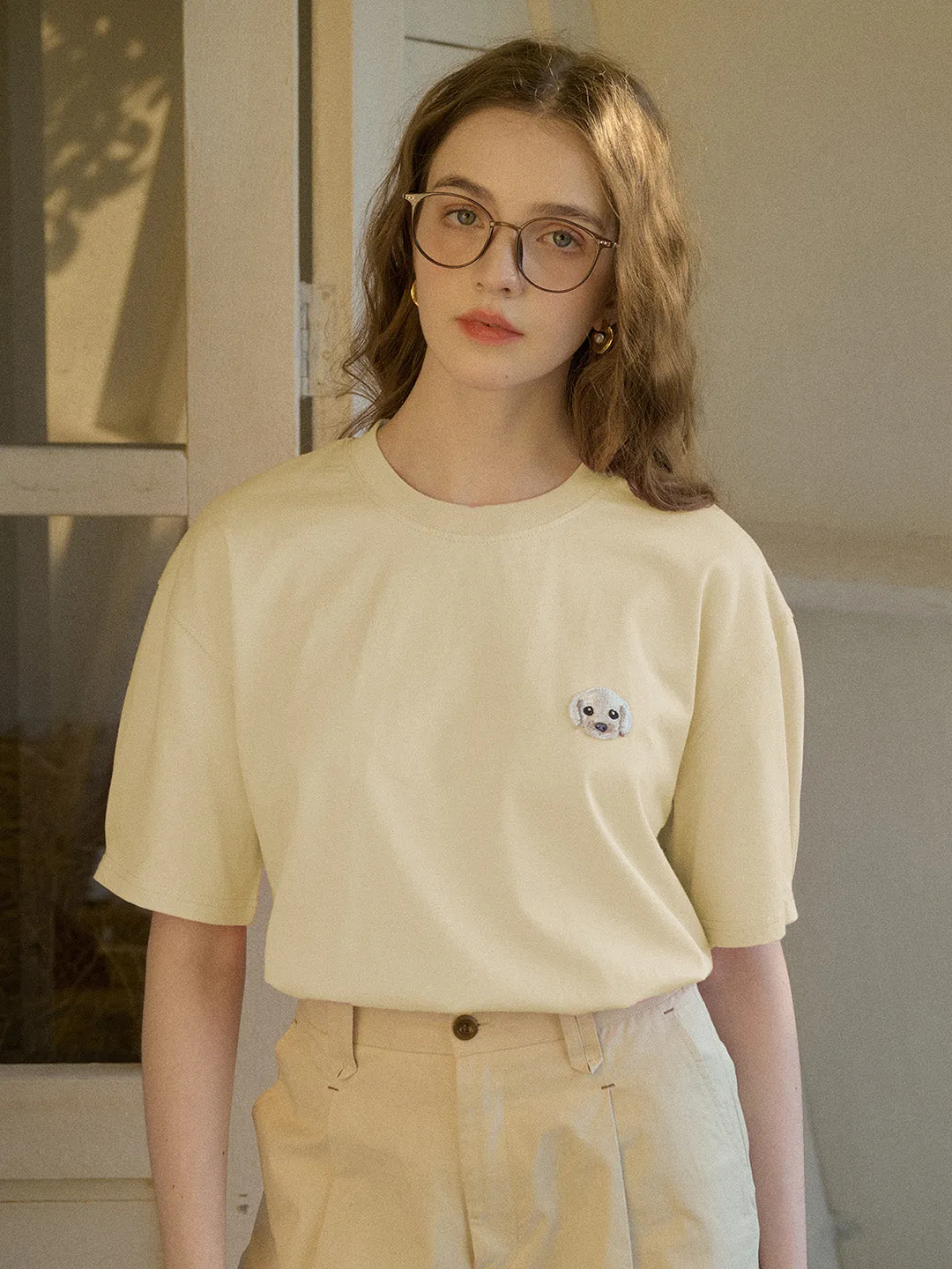 EcoFriendlyDye Reflective details ??Final Sale??Journey Puppy Applique Round Neck Short Sleeve Casual T-Shirt - Yellow