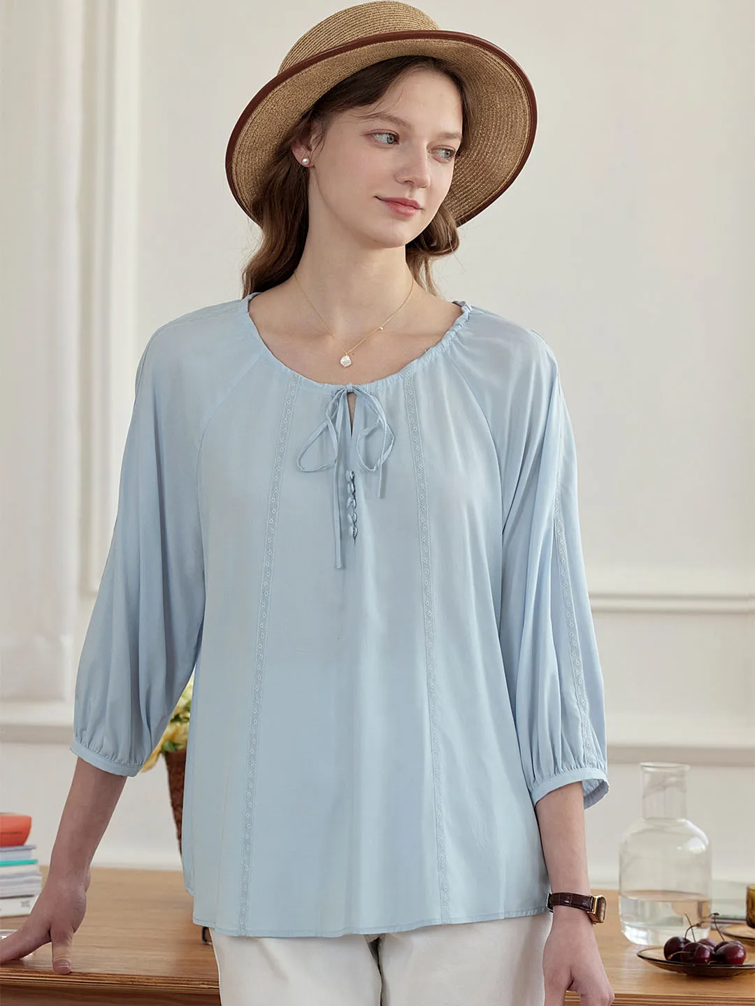 QuickDryTechnology ??Final Sale??Kenzie Cool Tencel Linen Light Blue Tie Blouse