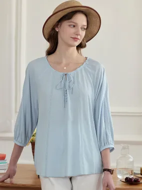 AllClimateAdaptive StretchKnit ??Final Sale??Kenzie Cool Tencel Linen Light Blue Tie Blouse