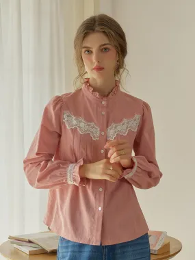 Anti Static Fabric Unstructured Fit ??Final Sale??Kitty Wavy Stand Collar Lace Blouse - Pink