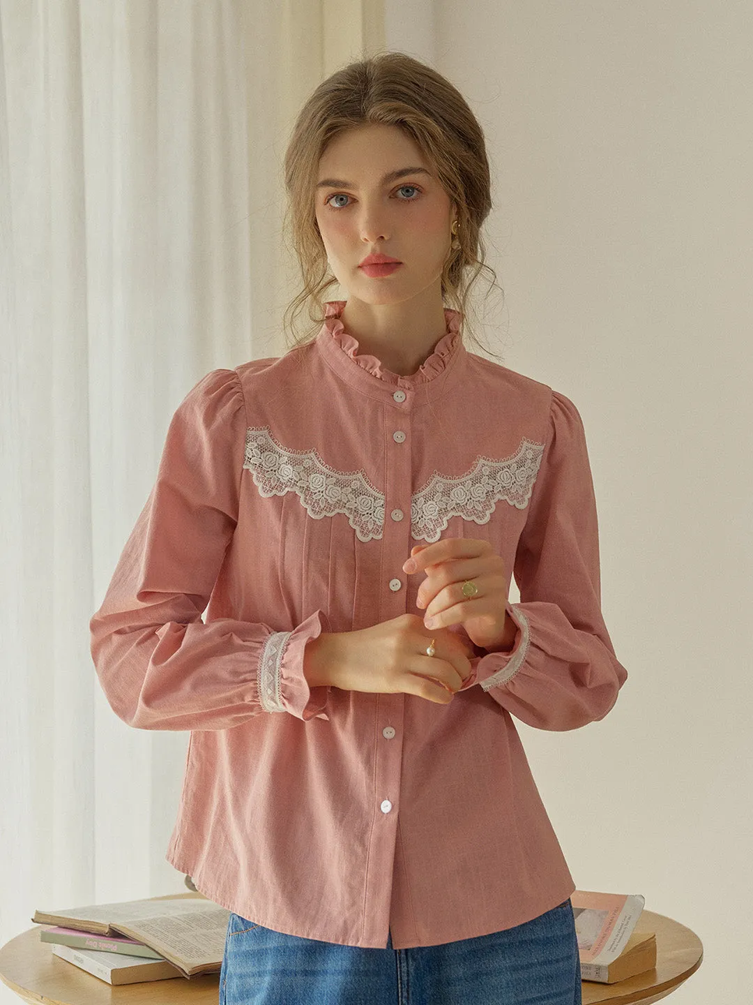 ??Final Sale??Kitty Wavy Stand Collar Lace Blouse - Pink Reinforced Neckline