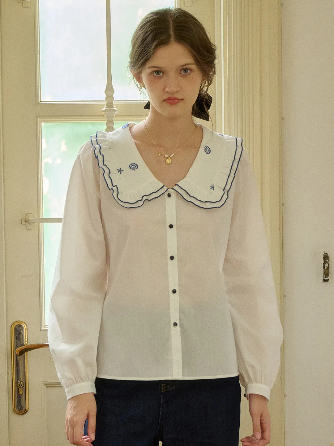??Final Sale??Laurel Peter Pan Collar Blouse Fray Resistant Edges Architectural Tailoring