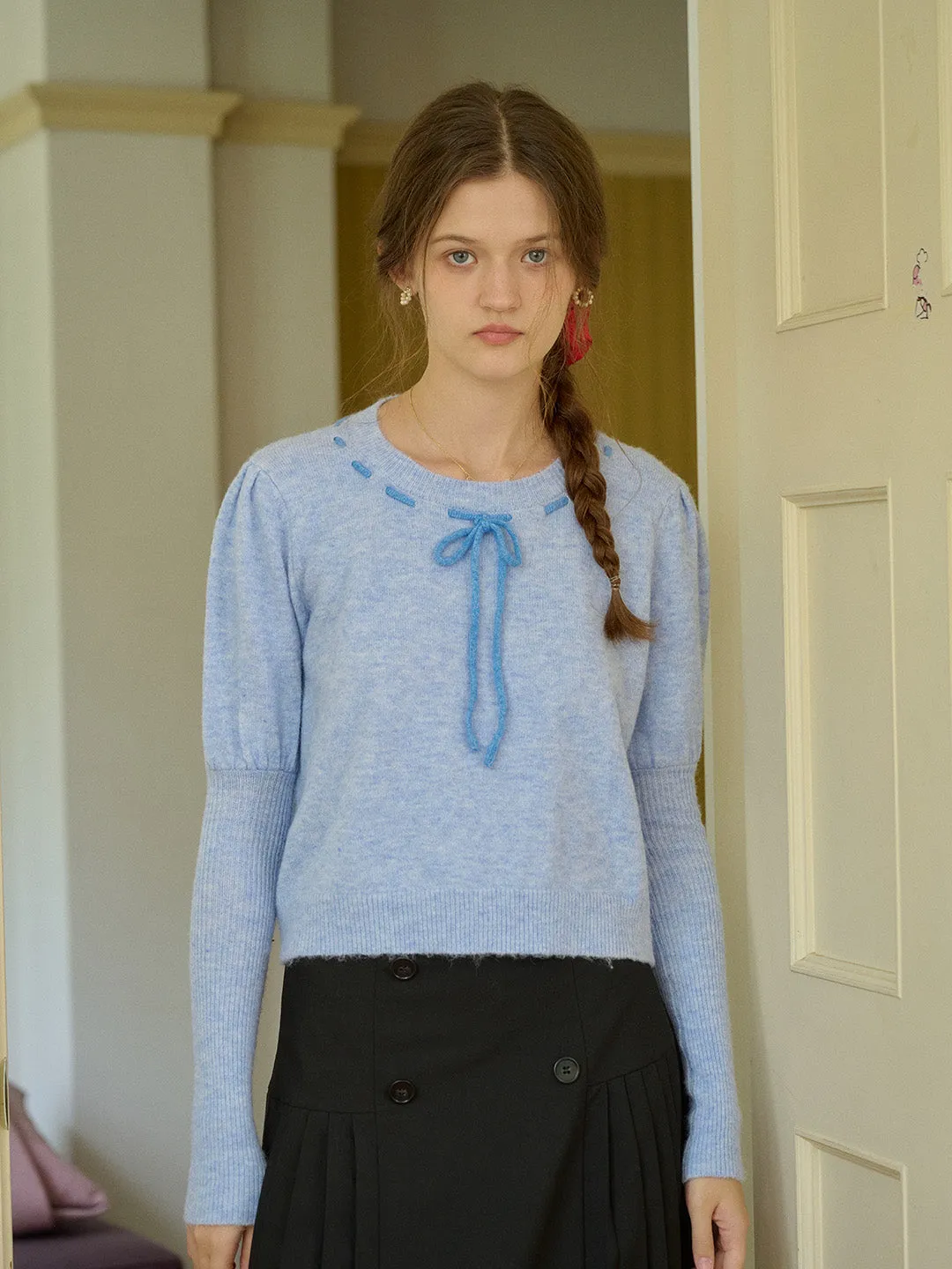 ??Final Sale??Lauren Bow Tie Pullover Bubble Sleeve Sweater VNeck Style