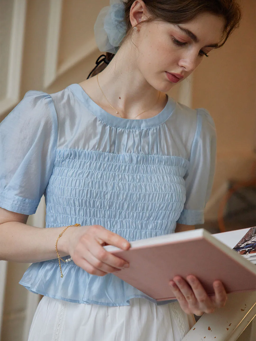 ??Final Sale??Lillie Vintage Court Ruffle Puff Sleeve Blouse Flexible Ribbed Cuffs Adaptive Temperature Control