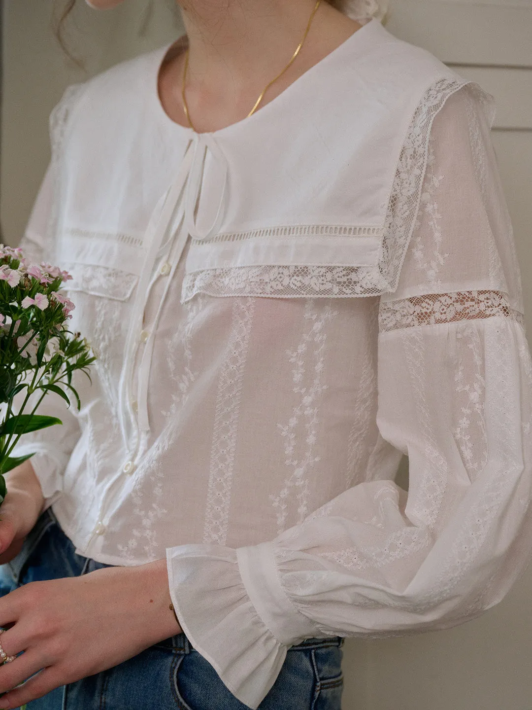 Flattering Drape ??Final Sale??Madilynn Embroidered Cotton Blouse With Removable Collar